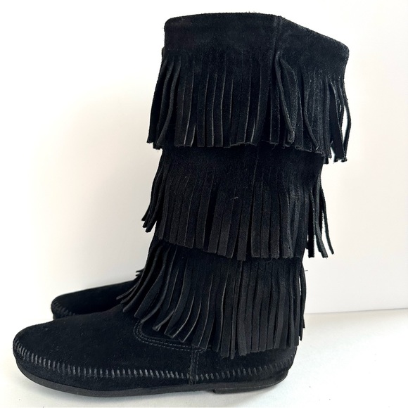 MINNETONKA SUEDE BLACK 3-LAYER FRINGE PULL-ON TALL BOOTS MOCCASINS EUC! Sz8 - Picture 3 of 12